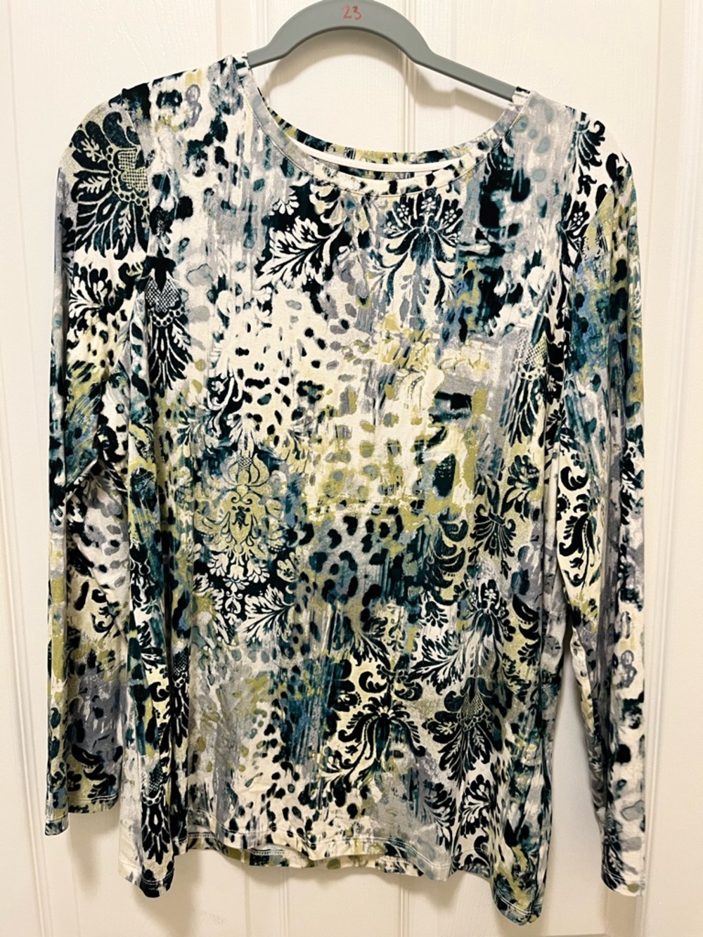 Chico's Long-Sleeve Mixed Print Tee in Green, Black and White